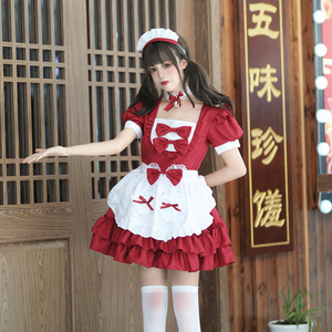 Maid Costume Red White Dress With Apron And Hat For Women Anime Cosplay Lolita Outfit - Product Image 1