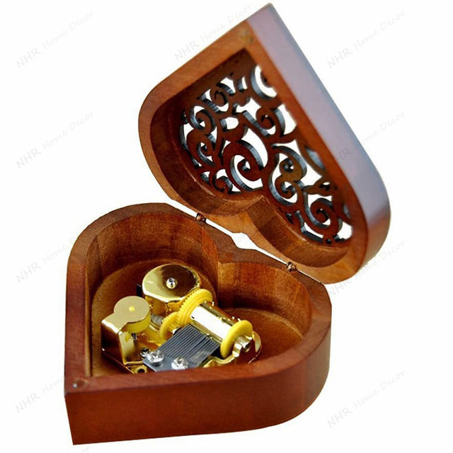 Antique Heart-Shaped Wooden Wind-Up Musical Box You Are My Sunshine with Gold-Plating Movement in