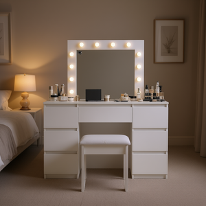 Tocador de maquillaje blanco con espejo y luces para muebles de dormitorio - Product Image 2
