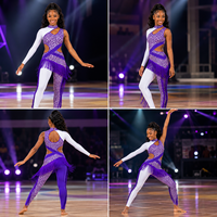 Ensemble d'uniforme de majorette motif léopard violet, combinaison asymétrique à franges, dos ouvert, unitard de danse à panneaux blancs, tenue de performance