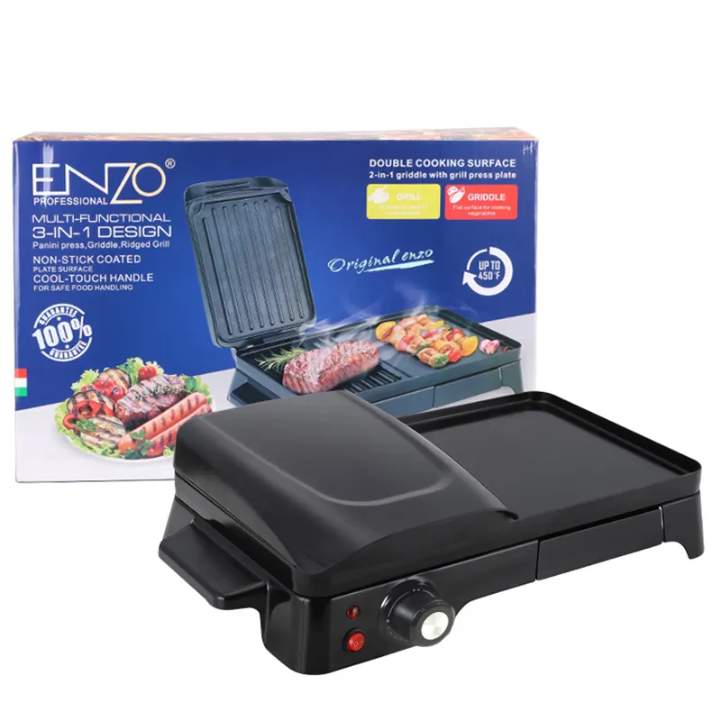 Enzo Multi-Functionele 2 In 1 Ontwerp Gridder Panini-Persgrill Met Antiaanbaklaag Gecoat Kookoppervlak Rookloze Elektrische Contactgrill