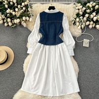 Ensemble 2 Pièces Coréen pour Femme : Haut à Manches Bouffantes et Robe en Jean