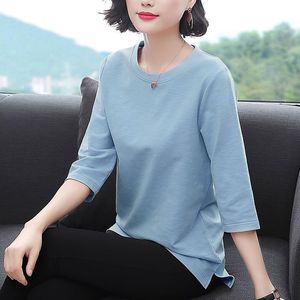 Women's Orange Three-Quarter Sleeve Loose Fit T-Shirt Plus Size Solid Color Casual Top for Middle-Aged Mothers - Product Image 4