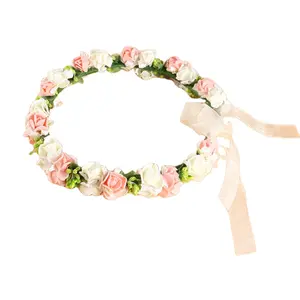 Bando Bunga Mawar Merah Muda Gadis, Hiasan Kepala Mahkota Bunga Halo Garland Boho