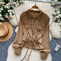 Chemisier à manches longues pour femme avec revers, taille à cordon de serrage, bordure contrastante et poches, style peplum, idéal pour l'automne