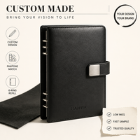 Organiseur A5 en cuir végétalien personnalisable avec 6 anneaux, logo gaufré, emplacements pour cartes et fermeture à bouton-pression, pour carnet de notes professionnel