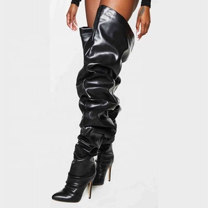 Sexy High Heel PU Upper Women Over Knee High <b>Boot</b> Thigh High Loose Big Size Solid Black <b>Boots</b> for Ladies Fashion - Product Image 3