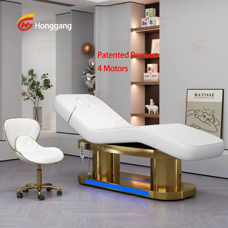 Habitación de spa de lujo personalizada, cama de extensión de pestañas de belleza facial blanca y rosa, mesas y camas de masaje eléctricas de 4 motores para salón