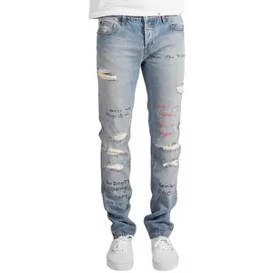 Licht Indigo Denim Custom Grafische Gedrukt Mens Slim Fit Jeans