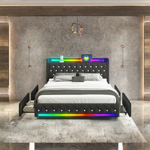 Lit de rangement intelligent moderne Queen en velours avec tête de lit rembourrée à points diamantés - Bande LED multicolore à commande par application, élévateur hydraulique dissimulé - Product Image 3