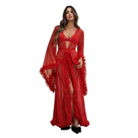 B1142 Vente en gros de lingerie sexy pour femmes, robe en dentelle, style européen et américain, longue robe de nuit en maille transparente, peignoir de maison