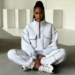 TKAN490D Impression sérigraphique personnalisée, sweat à capuche pour femme, demi-zip, grande taille, ample, lourd, 100% coton, multi-poches, col polo - Product Image 1