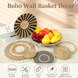 Panier <span class=keywords><strong>mural</strong></span> rond en rotin tressé style bohème, décoration murale suspendue tissée à la main, art <span class=keywords><strong>mural</strong></span> tressé pour salon, chambre à coucher, décoration de maison de style farmhouse - Product Image 4