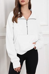 Femmes demi fermeture éclair court pull sweat polaire quart fermeture éclair à capuche vêtements d'hiver pull pouce trou décontracté tissé - Product Image 2