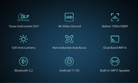Projecteur Ultra-Court Jet DLP 1080P Android 11 2 Go de RAM 630 ANSI Mise au Point Automatique pour Cinéma à Domicile