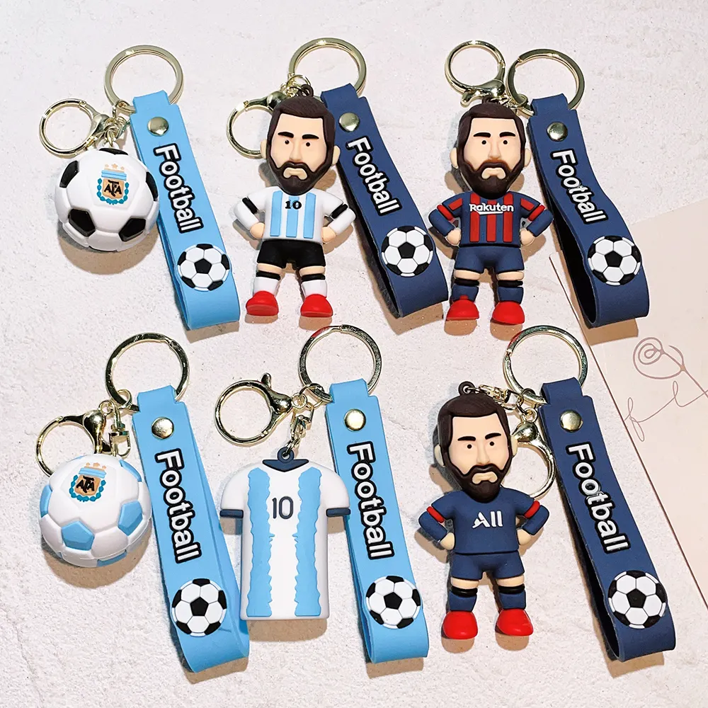 LC305 New Creative Cup Futebol Messi Jersey Keychain 3D Soft PVC Pendant Bag Decoração Gift Keyring Wrist Strap Key Chain