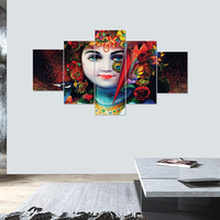 Impressions sur toile tendue personnalisées, Œuvre d'art Inde Dieu Nez d'éléphant, 5 panneaux, Tableau mural Inde, Peinture à l'huile, Peinture Bouddha