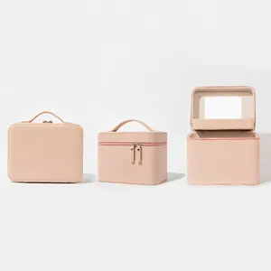 निर्माता कस्टम यात्रा मेकअप हार्ड मामले घमंड बॉक्स गुलाबी के साथ दर्पण बड़े मिनी पेशेवर पु चमड़े कॉस्मेटिक बैग और मामलों