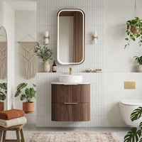 Meuble-lavabo mural en noyer foncé cannelé, armoire flottante incurvée à deux tiroirs à fermeture douce et lavabo rond