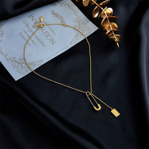 Gold Zinc Alloy Safety Pin Necklace With Square Tag Pendant Minimalist Design For Gift Fashion Jewelry - Product Image 2