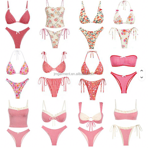 Op maat gemaakte logo dames luxe <span class=keywords><strong>bikini</strong></span> set <span class=keywords><strong>bikini</strong></span> fabrikant bloemen gingham high-end 2-delige badpak met strik aan de zijkant - Product Image 1