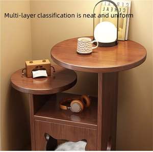 Comodino moderno tavolino rotondo in legno massello marrone con spazio gatto nascosto, doppio come tavolino e comodino per angoli di casa. - Product Image 6