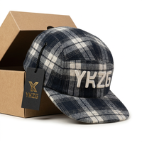 Gorra de béisbol estilo camper de 5 paneles, diseño vintage a cuadros, de franela azul marino y gris, con bordado 3D en relieve y visera plana, estilo streetwear, en caja