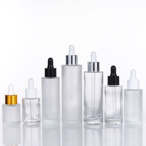 Frascos cuentagotas de vidrio transparente ecológicos de 125ml, <span class=keywords><strong>espacio</strong></span> <span class=keywords><strong>vacío</strong></span> para sueros de 30ml de la piel para el cuidado, cartón con tapa negra de hombro esmerilado plano - Product Image 1