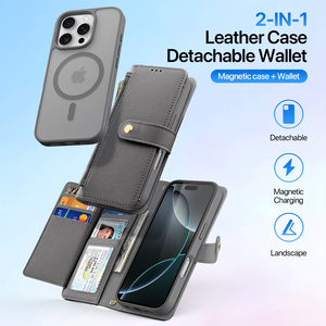 Funda de cuero para iPhone serie 15/16 con tarjetero, billetera magnética desmontable 2 en 1 y cordón. - Product Image 3