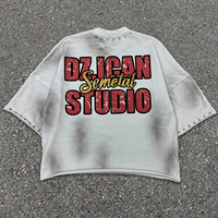 Nouveau T-shirt Homme Distressed en Molleton Lourd Oversize à Imprimé Graphique Personnalisé, Court, Strass, Délavé à l'Acide, Coupe Boxy