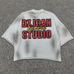 新品ディストレスヘビーウェイトフレンチテリー特大プリントグラフィックTシャツカスタムクロップドラインストーン酸ウォッシュボクシーtシャツ男性 - Product Image 2