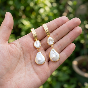 Zeva Jewels Irregular Korean Pearl Long Hook <b>Earrings</b> <b>Solid</b> Brass 18k Gold Plated Statement Jewelry Hammered Texture Dangle Drop - Product Image 3