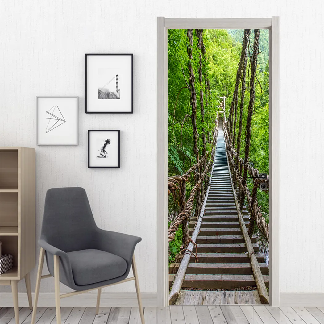 Wild Bridge 3D Door mural Self adhesive DOORwrap removable peel & stick door covering sticker door wood walkway tree