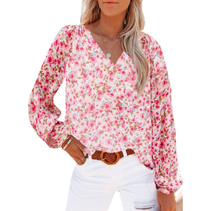 Atasan Wanita Motif Bunga V-Neck untuk Musim Semi, Kemeja Chiffon Kasual untuk Musim Gugur, Atasan Longgar Lengan Panjang Model Lantern, Blus Seksi untuk Bepergian - Product Image 1
