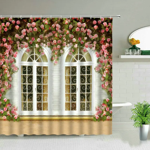 ดอกไม้พืชผีเสื้อพิมพ์ม่านอาบน้ำห้องน้ำม่านอาบน้ำดอกไม้ภูมิทัศน์สวนรูปแบบการพิมพ์ผ้าม่าน/