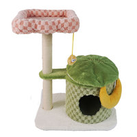 Arbre à chat en forme de grenouille avec condo, poteau à gratter en sisal, tour d'escalade pour chat en jacquard à carreaux avec jouet suspendu pour chats d'intérieur