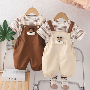 Traje de manga corta con tirantes de dibujos animados para niños de dos piezas de verano a rayas finas informales para niños nuevos - Product Image 1