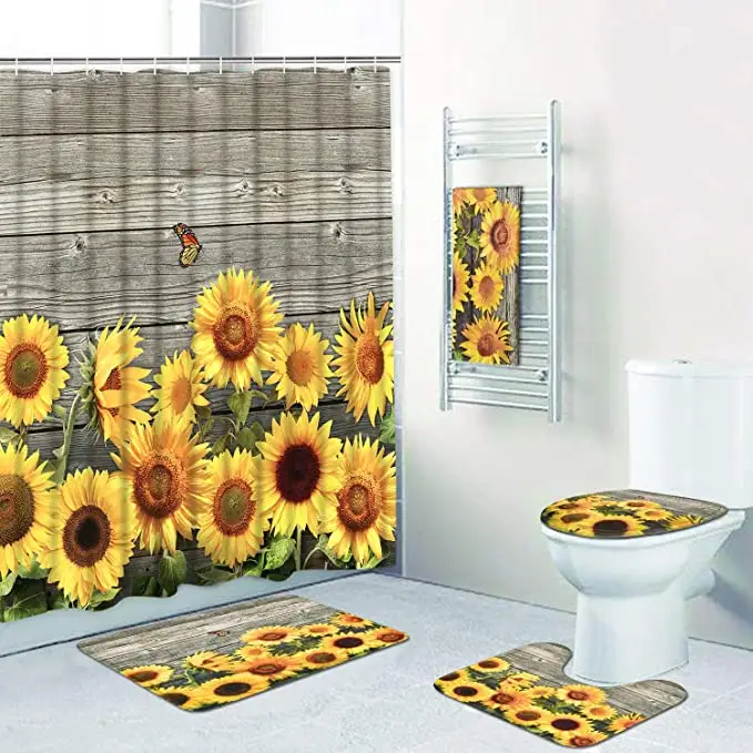 Sunflower Tirai Kamar Mandi Set 4 Buah, Aksesori Toilet Kamar Mandi Poliester Tahan Air Logo Kustom