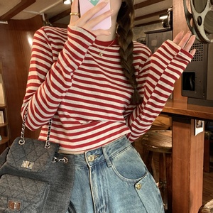<span class=keywords><strong>Camiseta</strong></span> de <span class=keywords><strong>manga</strong></span> <span class=keywords><strong>larga</strong></span> a rayas de Color contrastante para <span class=keywords><strong>mujer</strong></span>, novedad de otoño 2025, Top corto adelgazante informal - Product Image 1