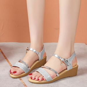 Women Sequin Color Block European and American Wedge <b>Sandals</b> Summer New Open-Toe Buckle <b>Sandals</b> Wholesale - Product Image 2