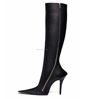 Bottes hautes noires en cuir pour femme, style sorcière, avec talon aiguille de luxe et design exagéré, fermeture éclair intégrale, hauteur 110 mm