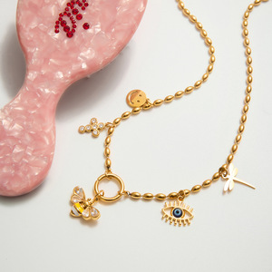 Gold Charm Necklace With Bee Dragonfly Smile Eye Pendant Fashion Jewelry For Women - Product Image 4