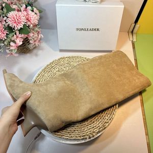 Élégantes <span class=keywords><strong>bottes</strong></span> hautes décontractées pour femme en daim <span class=keywords><strong>beige</strong></span>, à bout ouvert et talon compensé courbé, pour le shopping et les activités de plein air - Product Image 6