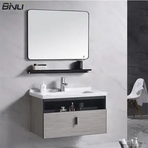 Простая настенная подвесная мебель из массива дерева для ванной комнаты, шкаф, зеркало, одиночная раковина, зеркало для раковины с керамической раковиной для ручной стирки