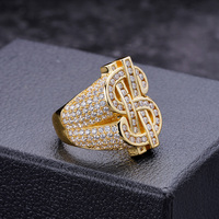 Anneaux Hip Hop GRI Moisonite Pass Diamond Tester, sertis de zircon, plaqués or creux, symbole de l'argent, plaqués or 14 carats, signe du dollar américain