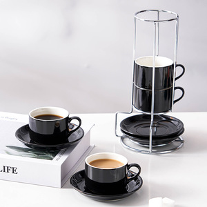 Ensemble de tasses à café en céramique blanche avec soucoupes empilables, design nordique/minimaliste, 4 pièces, pour la maison ou le bureau - Product Image 1