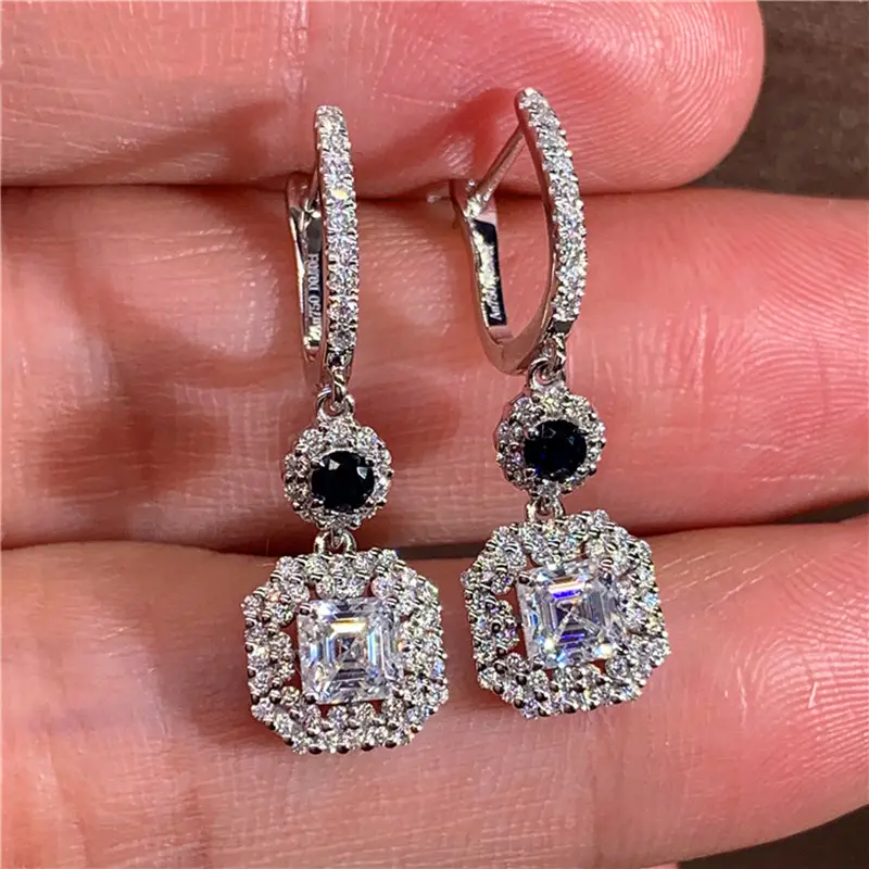 Huitan High Quality Women Wedding Bridal Fashion Jewelry New Cubic Zirconia Drop Earrings Diamond Blue Crystal Square Earrings