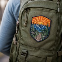 Patchs thermocollants 3D personnalisés en chenille brodée, faible MOQ, motifs Bouclier, Montagne, Lever de soleil, Sentier de pierres, Rayons de soleil, Nature texturée, pour chapeaux