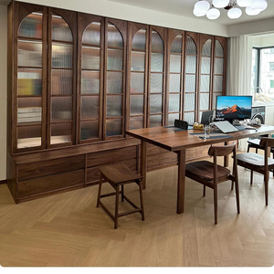 Bibliothèque murale complète sur mesure pour salon - Bibliothèque autoportante en bois massif avec porte en verre, combinaison de meubles - Product Image 4