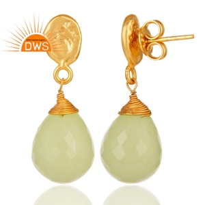 Boucles d'oreilles pendantes en calcédoine préhnite, pierres précieuses, design indien, plaqué or, argent sterling, pour femmes, pour mariage et soirée - Product Image 3